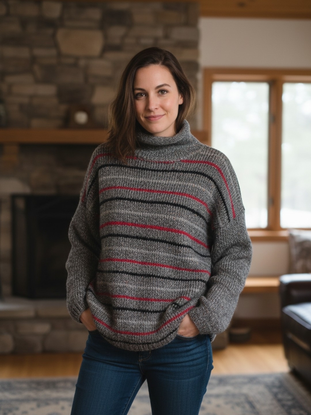 Comfortable Grey Striped Wool Turtleneck Sweater - Women